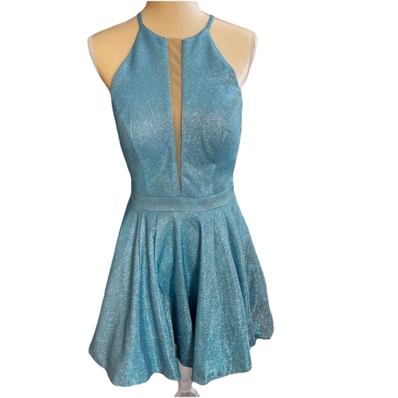 Sherri Hill Cocktail Dress Sz. 10 Blue Short Halter Glitter Shimmer Prom Formal - Picture 12 of 16